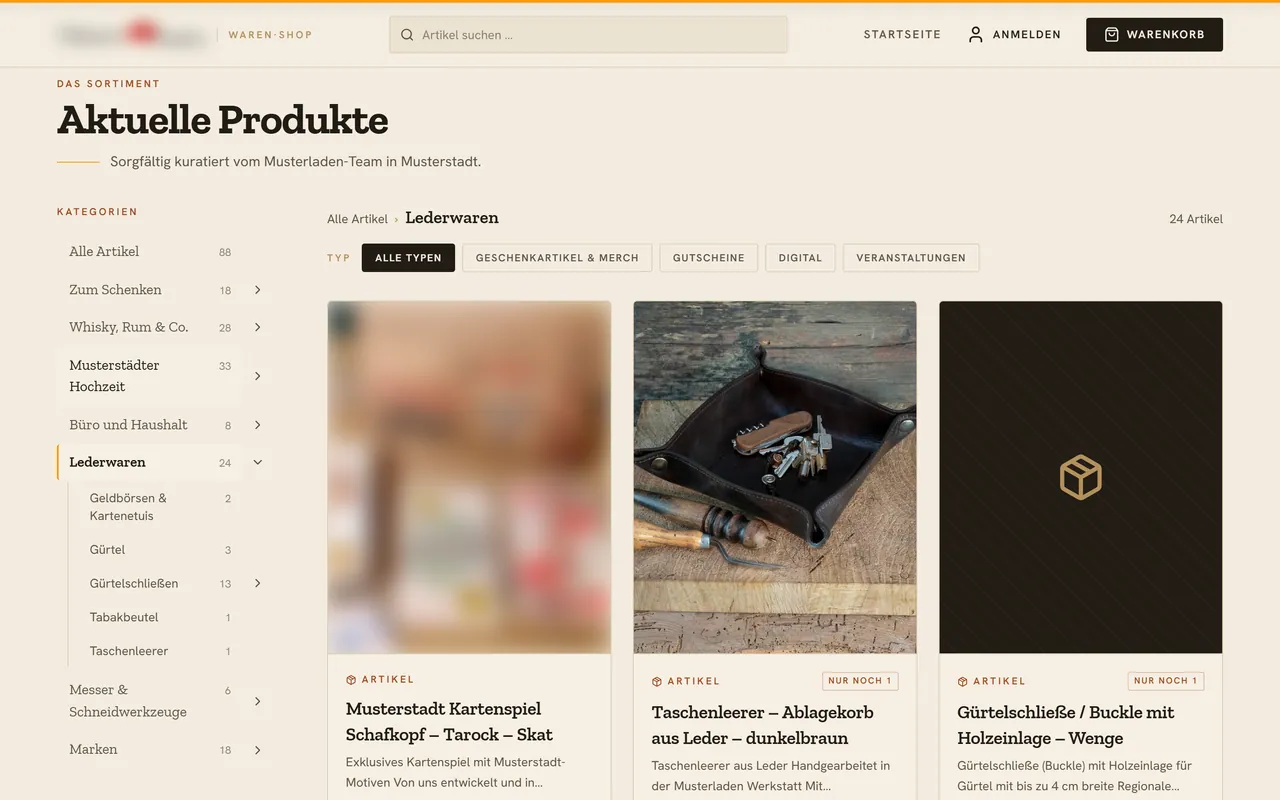 Der Katalog mit Ober- und Unterkategorien, Typ-Filter und Produktkacheln mit Restbestand-Hinweis.