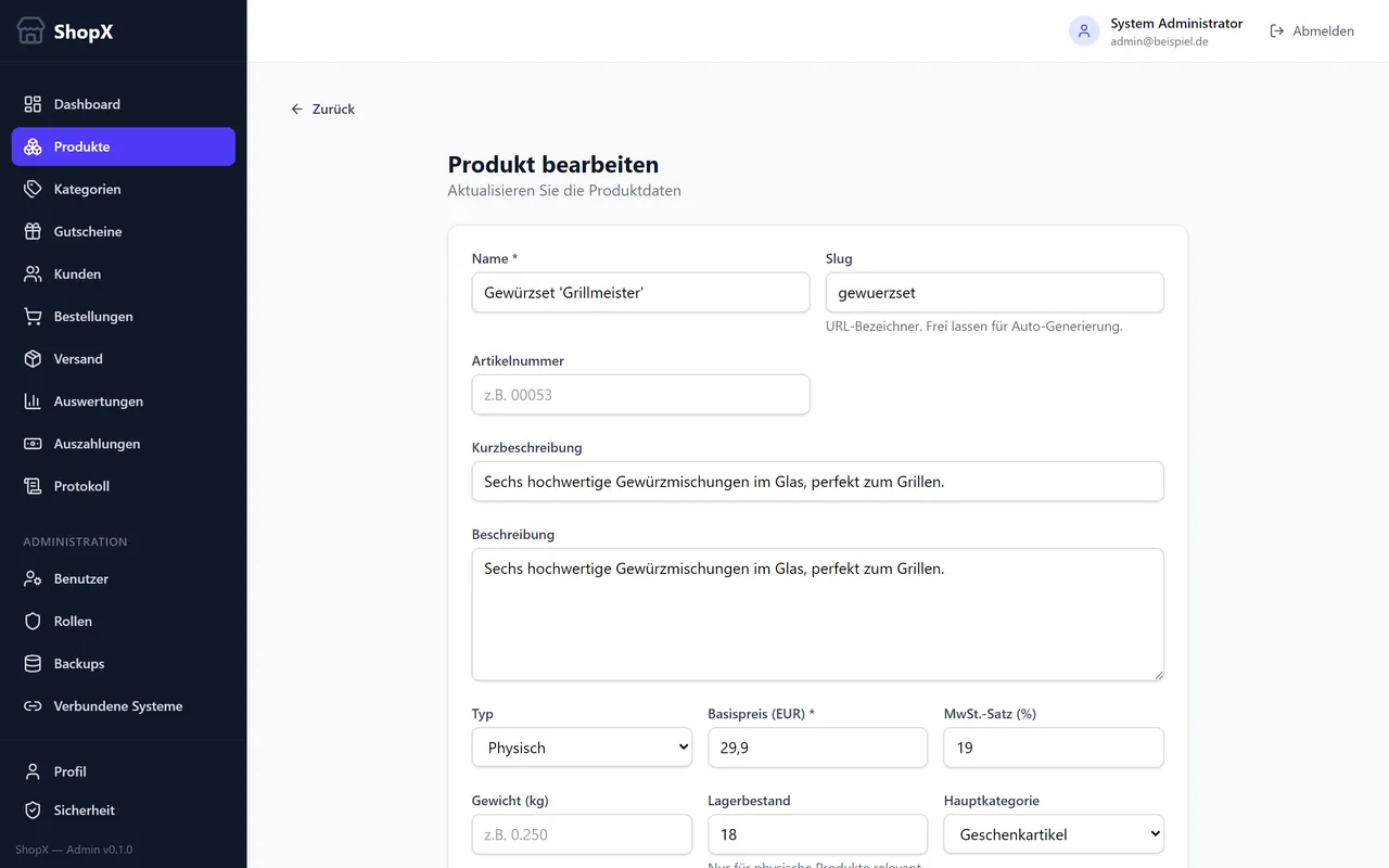 Das Produktformular mit Name, Slug, Artikelnummer, Beschreibungen, Typ, Preis, MwSt., Gewicht, Lagerbestand und Kategorie.