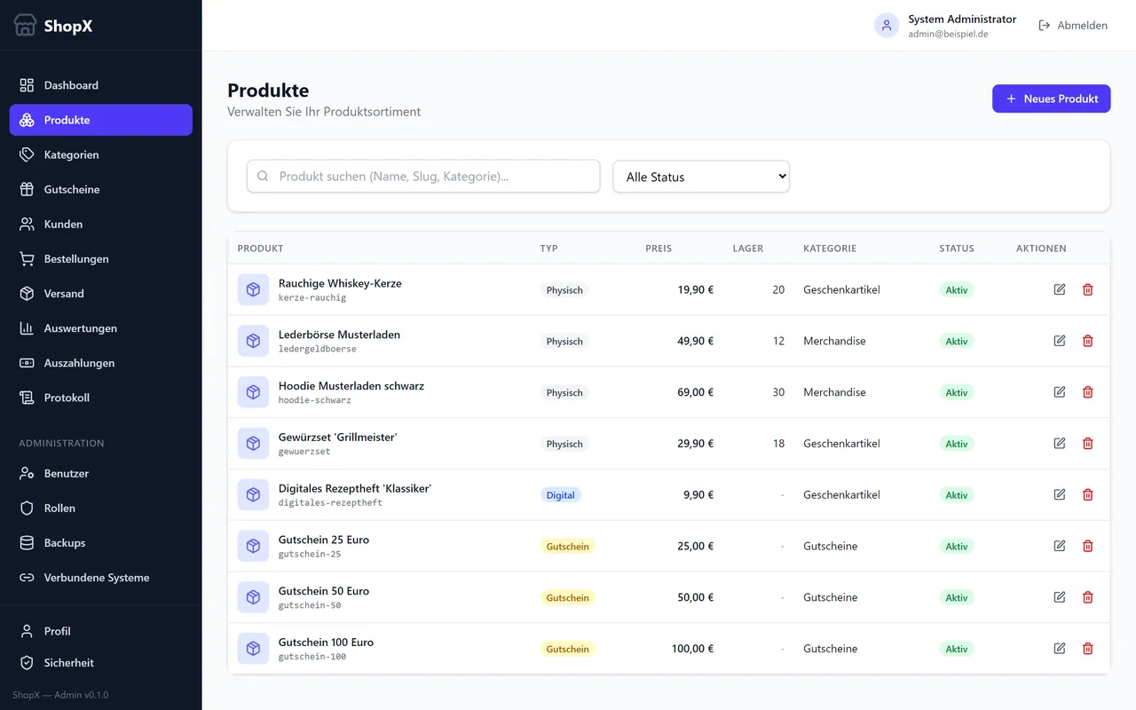 Die Produktverwaltung mit Suche, Statusfilter und Tabelle aus Typ, Preis, Lagerbestand, Kategorie und Status.