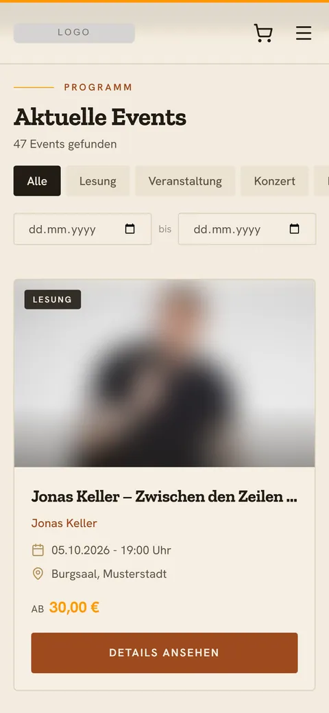 Der Ticketshop auf dem Smartphone: Programmfilter und die erste Event-Kachel mit Termin, Ort und Preis.