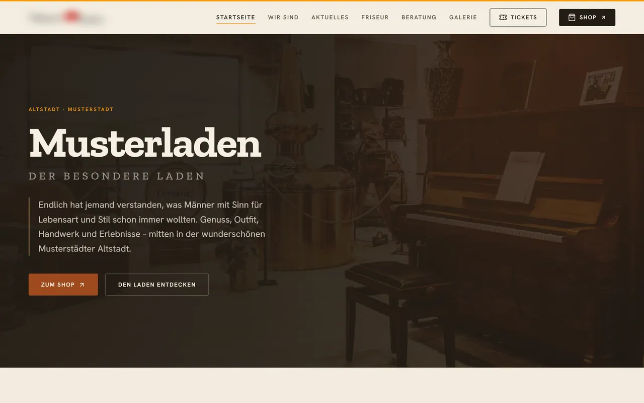 Website eines Fachgeschäfts, im selben Design wie dessen Online-Shop und Ticketshop.