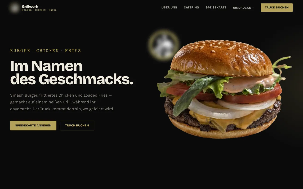 Website eines Food Trucks: freigestelltes Produktfoto, darunter der direkte Weg zu Speisekarte und Buchung.