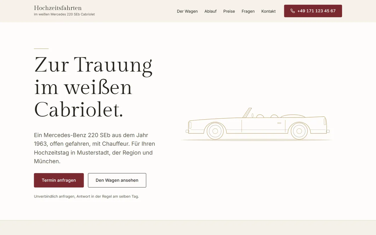 Website für Hochzeitsfahrten mit Oldtimer: ein Angebot, klare Preise, Anfrage in einem Schritt.