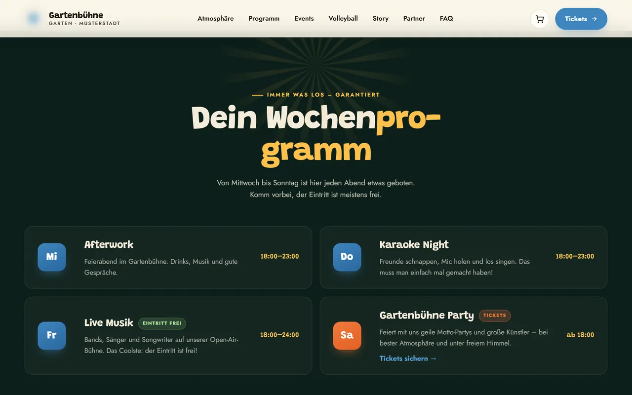 Website einer Open-Air-Location: Wochenprogramm mit direktem Weg zum Ticketkauf.